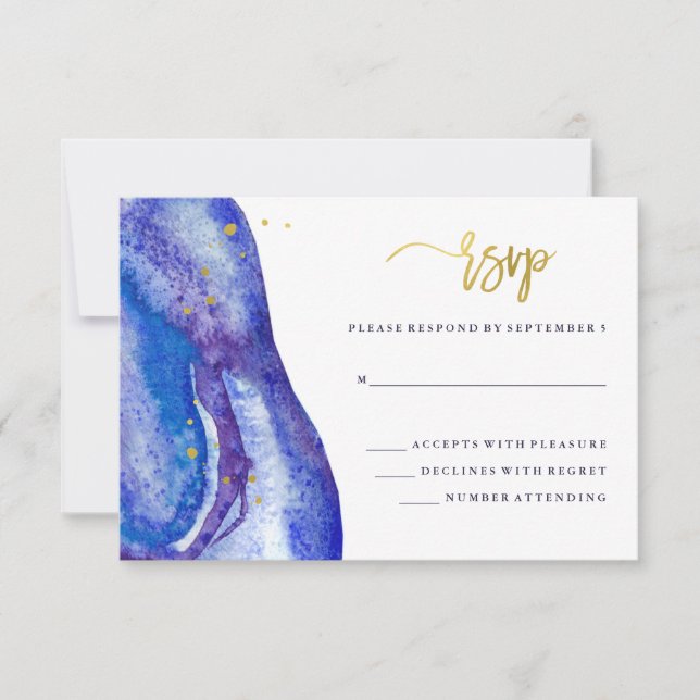 Watercolor Blue Geode and Faux Gold Wedding RSVP (Front)