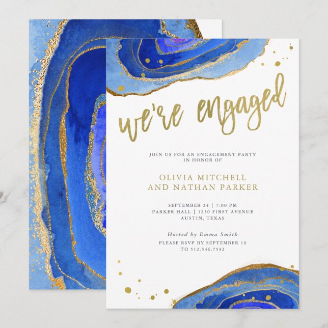 Watercolor Blue Geode with Gold | Engagement Party Invitation (Front/Back)