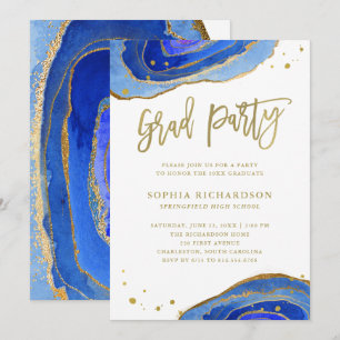 Watercolor Blue Geode with Gold Graduation Party Invitation