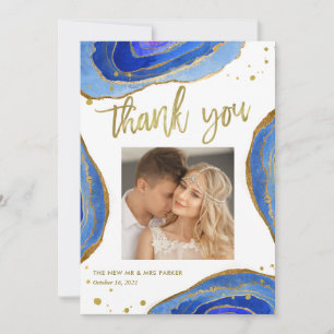 Watercolor Blue Geode with Gold   Wedding Photo Thank You Card