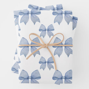 Watercolor Blue Gingham Bow Wrapping Paper Sheet