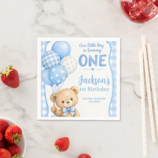 Watercolor Blue Gingham Little Bear 1st Birthday Napkin