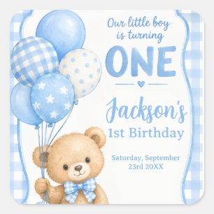 Watercolor Blue Gingham Little Bear 1st Birthday Square Sticker