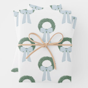 Watercolor Blue Gingham Sash Wreath Wrapping Paper Sheet
