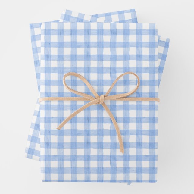 Watercolor Blue Gingham Wrapping Paper Sheet (In situ)