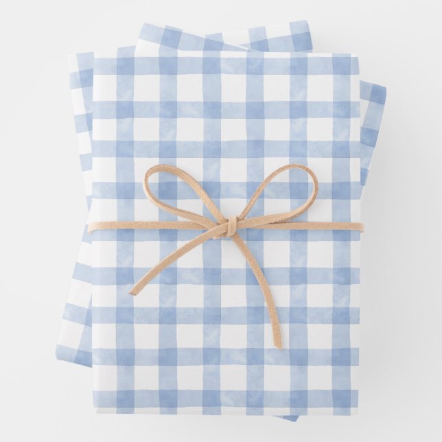 Watercolor Blue Gingham Wrapping Paper Sheet (In situ)