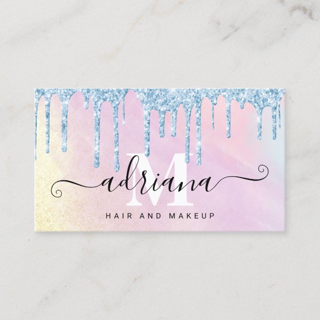Watercolor blue glitter drips hair and makeup business card (Front)
