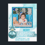 Watercolor Blue Glitter Foil Christmas | PHOTO Postcard<br><div class="desc">Lovely modern personalised turquoise blue Merry Christmas postcards.  Watercolor background with faux blue foil brush stroke with large ornament.  Back has faux blue turquoise glitter.  Personalise by adding family names,  date,  text message and your PHOTO / picture.</div>