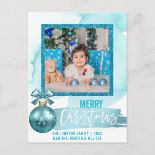 Watercolor Blue Glitter Foil Christmas   PHOTO Postcard
