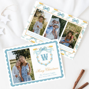 Watercolor Blue & Gold Angel Monogram Crest Photo Holiday Card