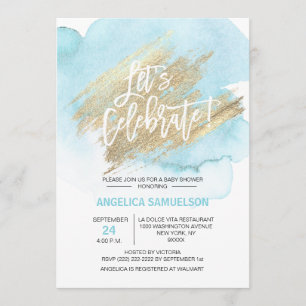 Watercolor Blue Gold Baby Shower Let's Celebrate Invitation