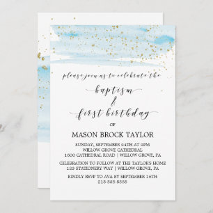 Watercolor Blue & Gold Baptism & 1st Birthday Invitation