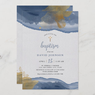 Watercolor Blue   Gold Boys Baptism Invitation