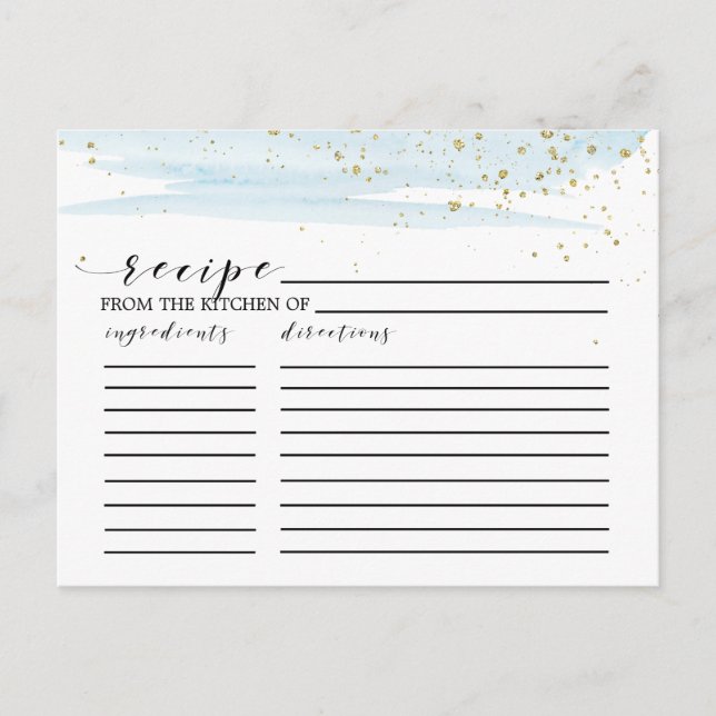 Watercolor Blue & Gold Bridal Shower Recipe Cards (Front)