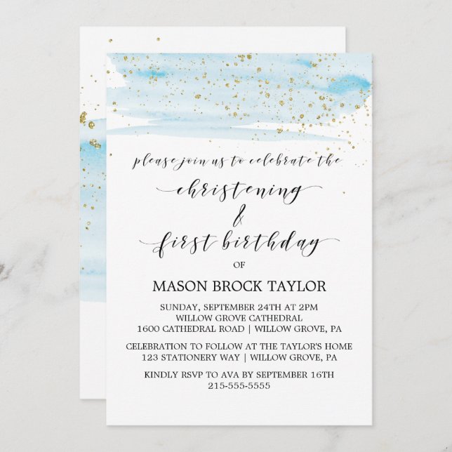 Watercolor Blue & Gold Christening & 1st Birthday Invitation (Front/Back)