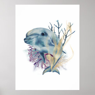 Watercolor Blue & Gold Dolphin Wall Art Poster
