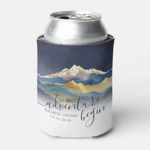 Watercolor Blue Gold Foil Mountain Outdoor Wedding Can Cooler