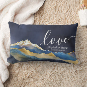 Watercolor Blue Gold Foil Mountain Outdoor Wedding Lumbar Cushion