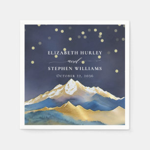 Watercolor Blue Gold Foil Mountain Outdoor Wedding Napkin
