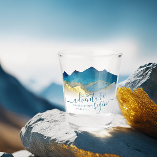 Watercolor Blue Gold Foil Mountain Outdoor Wedding Shot Glass