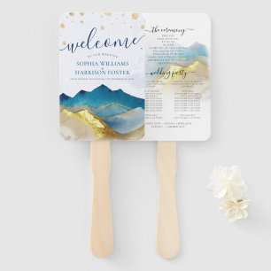 Watercolor Blue Gold Foil Mountain Wedding Program Hand Fan