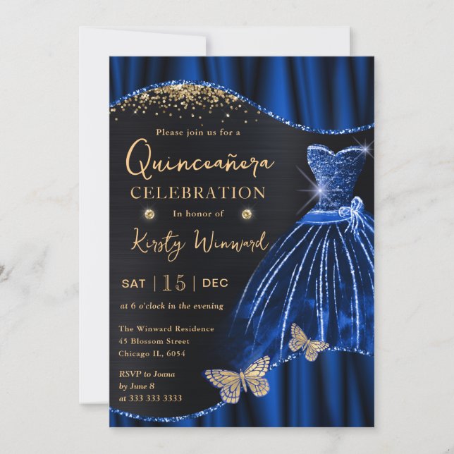 Watercolor Blue & Gold Glitter Dress Quinceanera Invitation (Front)