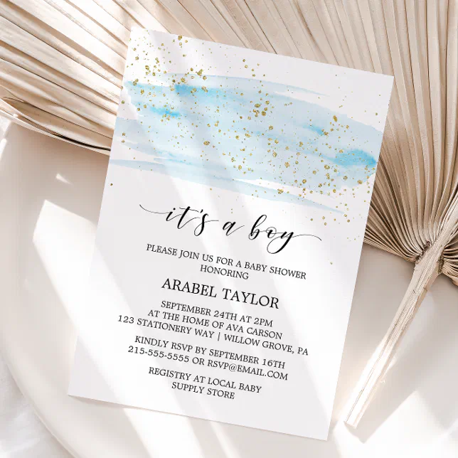 Watercolor Blue & Gold It's A Boy Baby Shower Invitation | Zazzle
