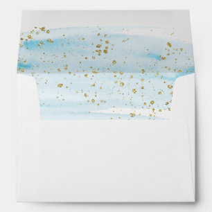 Watercolor Blue & Gold Lined Wedding Invitation Envelope