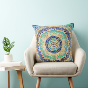 Watercolor Blue Gold Mandala  Cushion