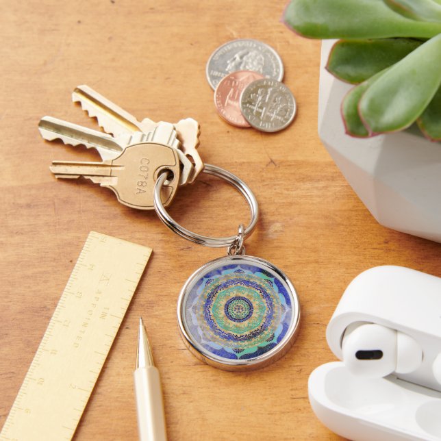 Watercolor Blue Gold Mandala  Key Ring (Desk)