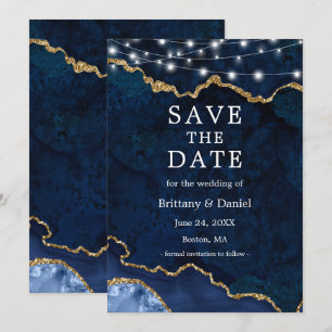 Watercolor Blue Gold Marble Agate Geode Lights Save The Date