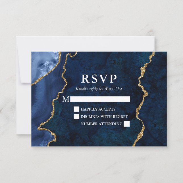 Watercolor Blue Gold Marble Agate Geode Wedding RSVP Card (Front)