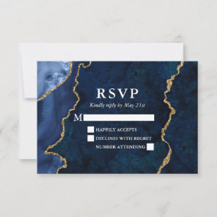 Watercolor Blue Gold Marble Agate Geode Wedding RSVP Card