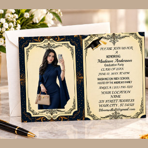 Watercolor Blue Gold Marble Agate Graduation Party Foil Card