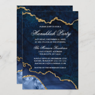 Watercolor Blue Gold Marble Geode Hanukkah Party Invitation