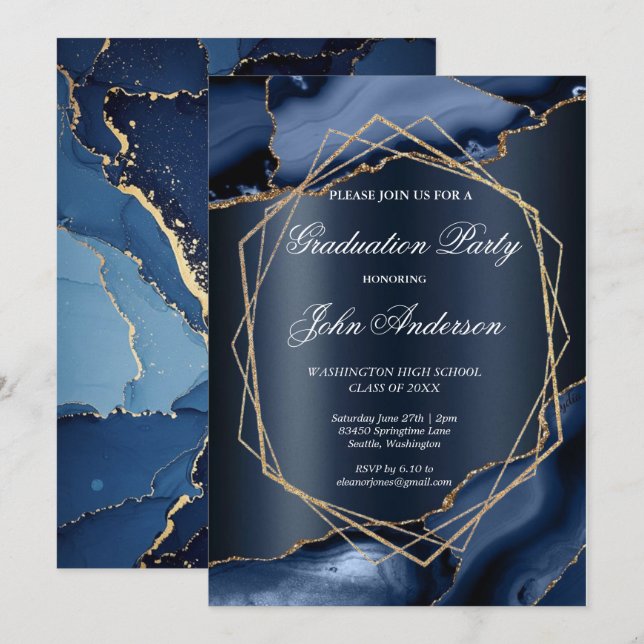 Watercolor Blue Gold Marble Graduation Party Invitation (Front/Back)