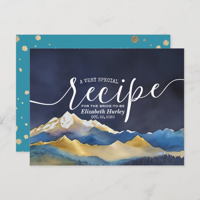 Watercolor Blue Gold Mountain Bridal Shower Recipe Invitation Postcard (Front/Back)
