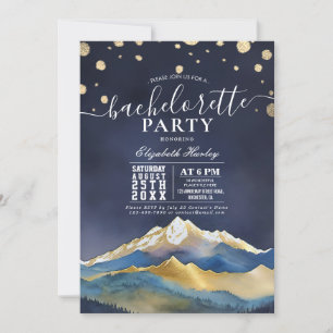 Watercolor Blue Gold Mountains Bachelorette Party Invitation