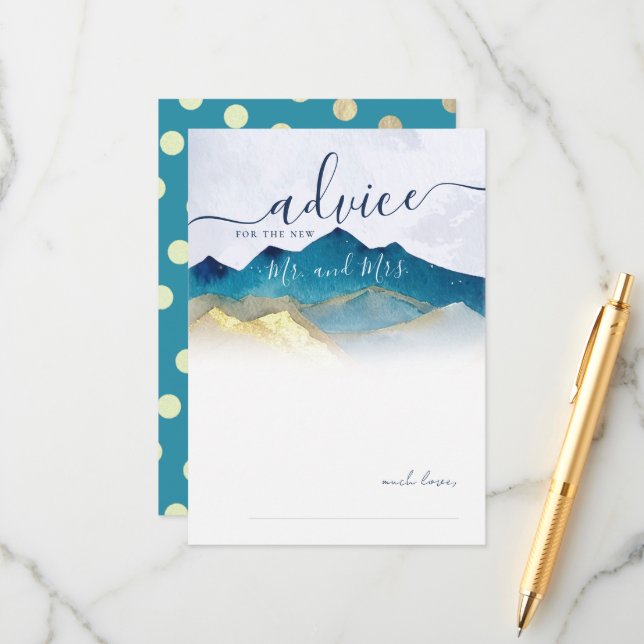 Watercolor Blue Gold Mountains Wedding Advice Card (Front/Back In Situ)