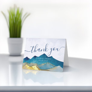 Watercolor Blue & Gold Mountains Wedding Thank You Card