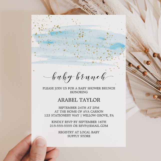 Watercolor Blue & Gold Sparkle Baby Brunch Invitation (Creator Uploaded)