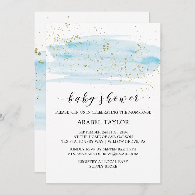 Watercolor Blue & Gold Sparkle Baby Shower Invitation (Front/Back)
