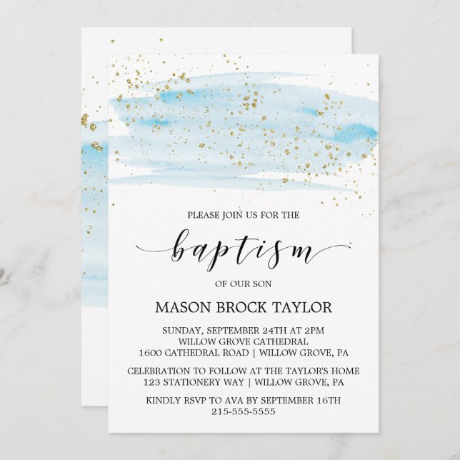 Watercolor Blue & Gold Sparkle Baptism Invitation (Front/Back)