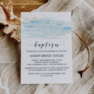 Watercolor Blue & Gold Sparkle Baptism Invitation