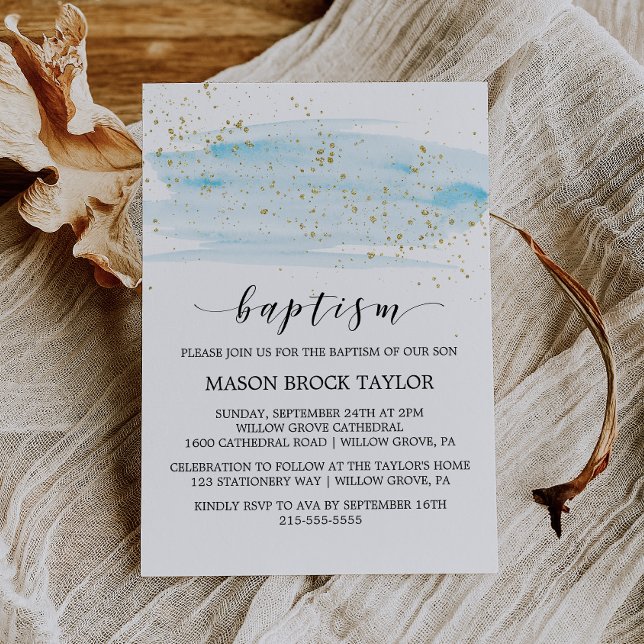 Watercolor Blue & Gold Sparkle Baptism Invitation (Creator Uploaded)