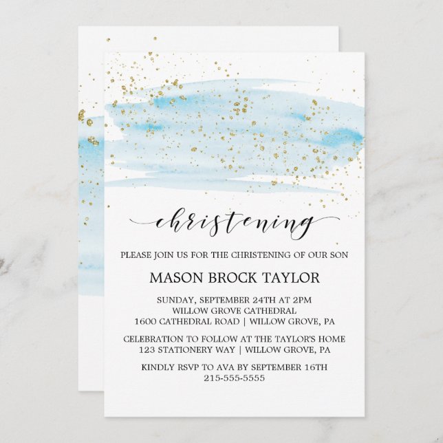 Watercolor Blue & Gold Sparkle Christening Invitation (Front/Back)