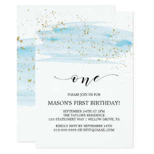 Watercolor Blue & Gold Sparkle First Birthday Invitation