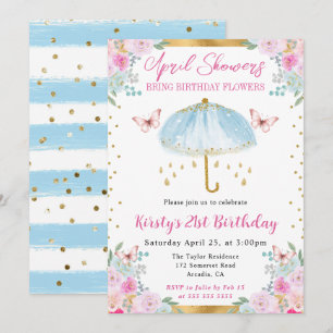 Watercolor Blue Gold Spring Umbrella 21st Birthday Invitation
