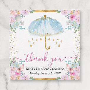 Watercolor Blue Gold Spring Umbrella Quinceanera Favour Tags