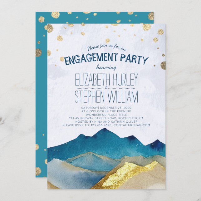Watercolor Blue Golden Mountains Engagement Party Invitation (Front/Back)